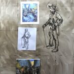 Current work on the easel shows the preliminary color study which has been reversed for the larger work. Also shown is photocopy of study and a preliminary figure study.