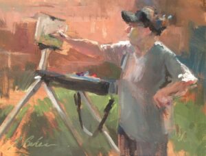 “Judy Confronts her Canvas”, Painting by Suzie Baker done during a plein air demonstration by Judy Carducci.