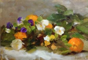 “Oranges & Pansies”, Kathy Anderson, oil on panel, 10 x 14