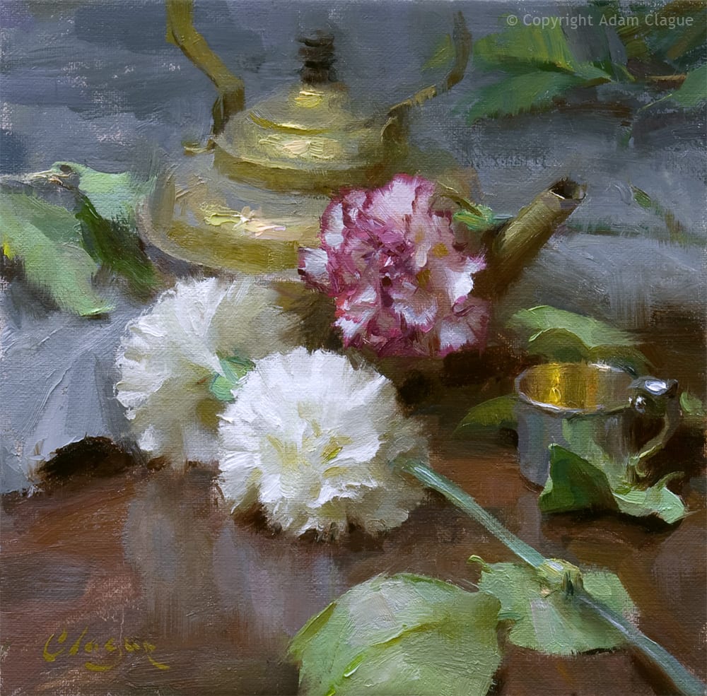 Kettle and Carnations (Oil, 10x10)