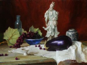 "Chinese Figurine with Eggplant" by Robert Kuester OPA