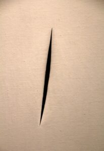 In 1960, Lucio Fontana displayed an artwork that was simply a slashed canvas. This was about as empty as a canvas could get. “Concetto spaziale attese”, by Lucio Fontana,1960