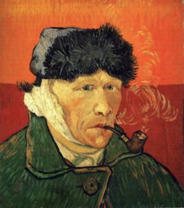 Van Gogh after allegedly slicing his ear off. “Self Portrait with Bandaged Ear”, by Vincent Van Gogh, 1889