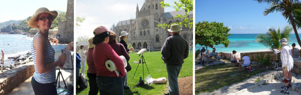 Christine Lashley and students on location (L to R: French Riviera demo, US National Cathedral demo, students painting in the Bahamas)